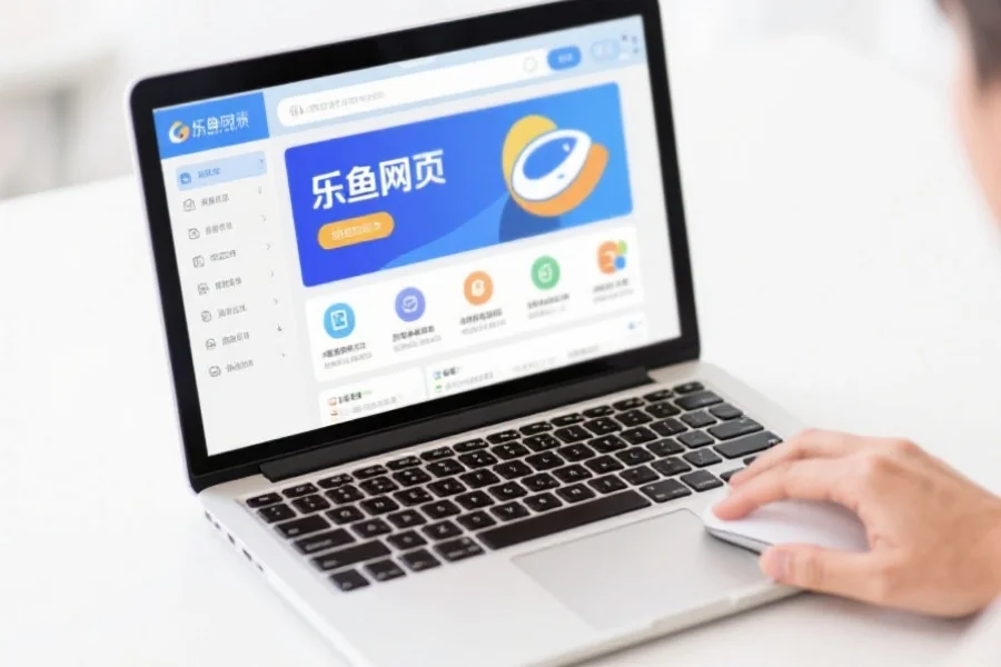 一台笔记本电脑屏幕上显示乐鱼网页版的主界面,用户手指正在操作鼠标,桌面整洁明亮